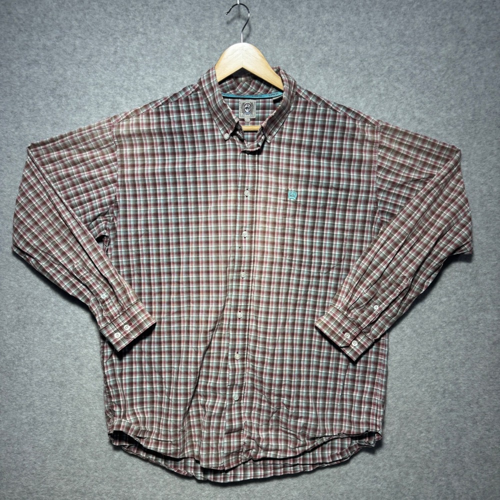 Cinch Mens Large Plaid Button Down Shirt Maroon Teal White Long Sleeve Cotton